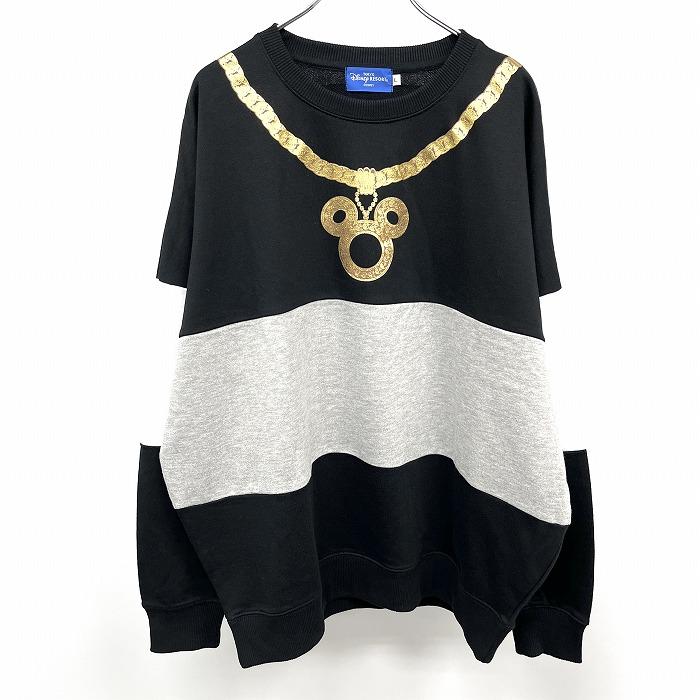 東京ディズニーリゾート トレーナー スウェット 長袖 ミッキー アクセサリー ポリ×綿 L ブラック 黒×白×杢グレー×ゴールド メンズ | Disney