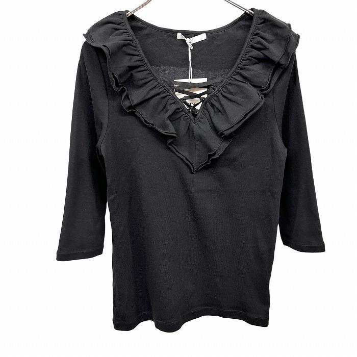 スライ SLY カットソー Tシャツ ハートカラー 胸元レースアップ 7分袖 無地 スリムフィット 綿100% 2 ブラック 黒 レディース