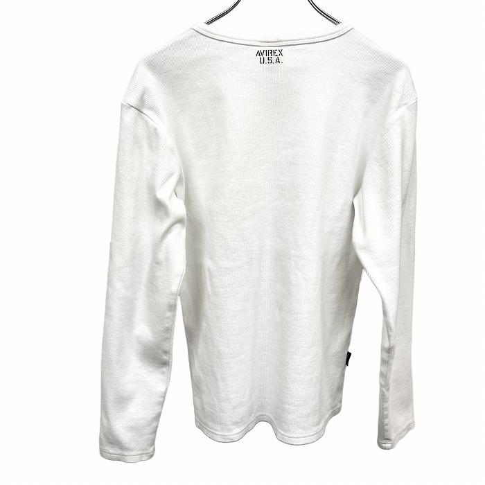 アヴィレックス AVIREX U.S.A. リブカットソー ストレッチ スリムフィット 長袖 ロゴ 丸首 綿×ポリウレタン M ホワイト 白×黒 メンズ | AVIREX | 01