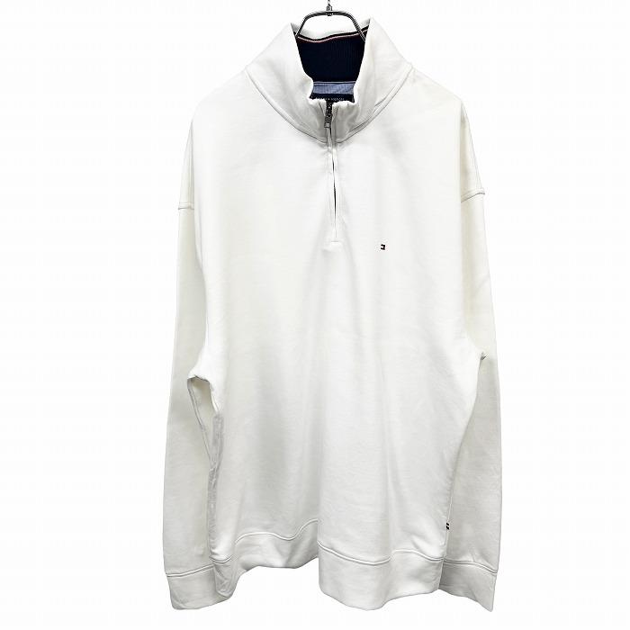 【新品/訳アリ】TOMMY HILFIGER ハイネックカットソー ハーフジップ 長袖 胸にロゴ刺繍 綿×ポリ XL オフホワイト 白系×赤×紺 メンズ | TOMMY HILFIGER