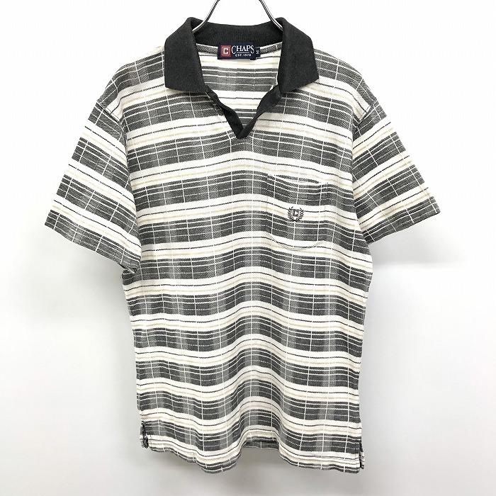 公式 CHAPS チャップス M メンズ ポロシャツ カットソー 鹿の子 チェック スキッパー オープンカラー 半袖 ポケット 綿100%  黒×ベージュ系×白