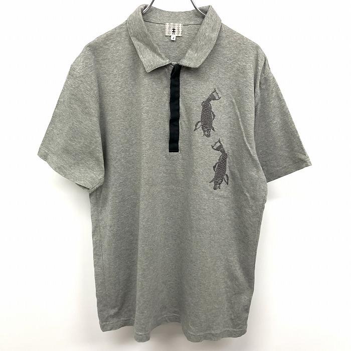 TK ティーケー 4 メンズ ポロシャツ Tシャツ生地 カットソー 和柄 鯉の刺繍(ラメ糸) フライフロント 半袖 綿100% コットン ヘザーグレー | 