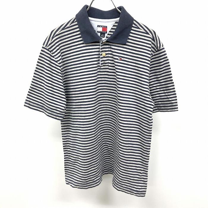 TOMMY HILFIGER フラッグタグ インポート古着 ポロシャツ Tシャツ生地 ボーダー 半袖 綿100% L ヘザーグレー×ネイビー 紺 レディース | TOMMY HILFIGER
