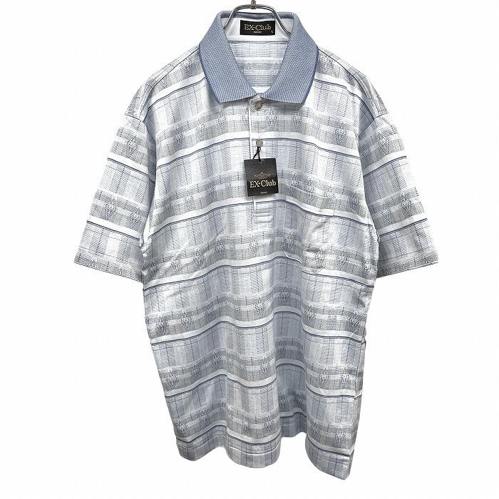 イーエクスクラブ 【新品】EX-CLUB ポロシャツ ダイヤ×チェック Tシャツ生地 半袖 胸ポケット 日本製 綿100% L ブルー 青 メンズ | 