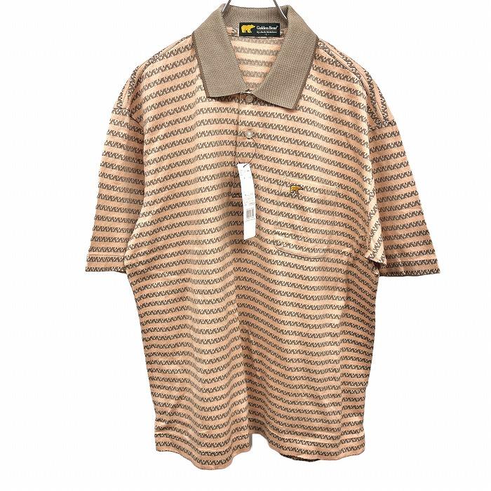 ゴールデンベア 【新品】Golden Bear ポロシャツ Tシャツ生地 ボーダー×ダイヤ柄 クマの刺繍 半袖 綿100% L サーモンピンク メンズ | Golden Bear
