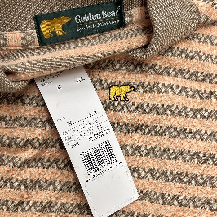 ゴールデンベア 【新品】Golden Bear ポロシャツ Tシャツ生地 ボーダー×ダイヤ柄 クマの刺繍 半袖 綿100% L サーモンピンク メンズ | Golden Bear | 02