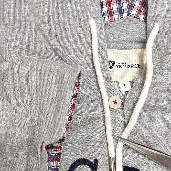 THE SHOP TK MIXPICE プルオーバーパーカー スウェッティー 7分袖 フードにチェック柄裏地 ポリ×綿 L 杢グレー 杢グレー×紺×赤 メンズ | THE SHOP TK | 01