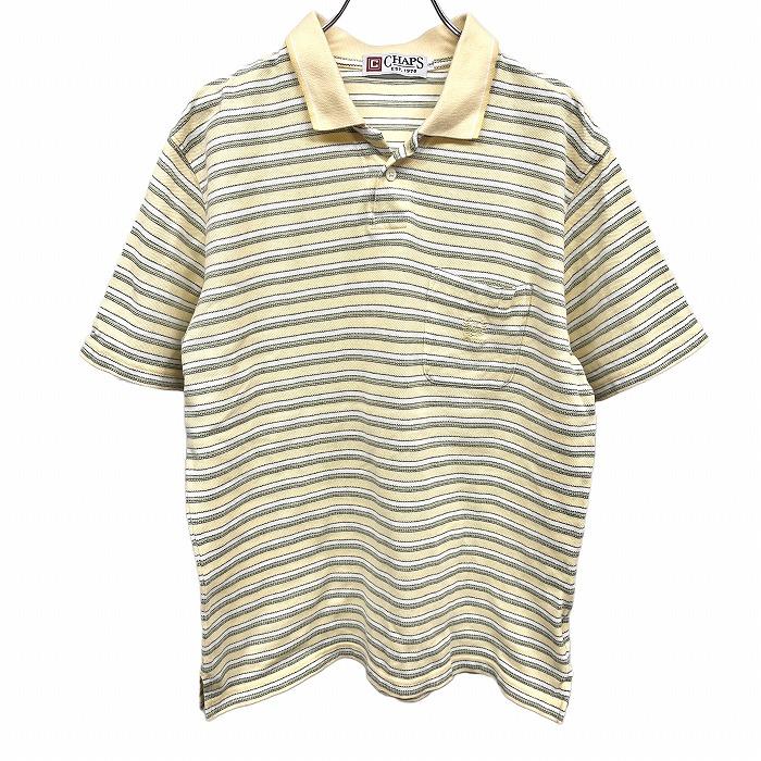 チャップス CHAPS ポロシャツ 開襟 オープンカラー 鹿の子 ボーダー 胸ポケット 半袖 綿100% L クリームイエロー 黄色系×緑×白 メンズ | CHAPS