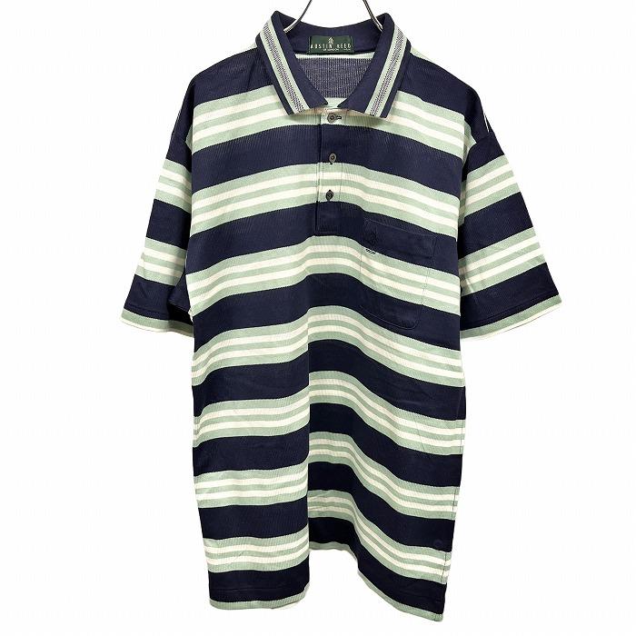 オースチンリード Austin Reed ポロシャツ ボーダー 胸ポケットにロゴ刺繍 半袖 綿100% コットン100% L ネイビー×グリーン 紺×緑 メンズ | AUSTIN REED