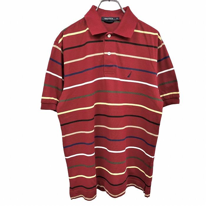 ノーティカ NAUTICA ポロシャツ 鹿の子 ボーダー 半袖 ポケット無し 裾スリット 綿100% コットン100% S レッド 赤×紺×緑×黄×白 メンズ | NAUTICA