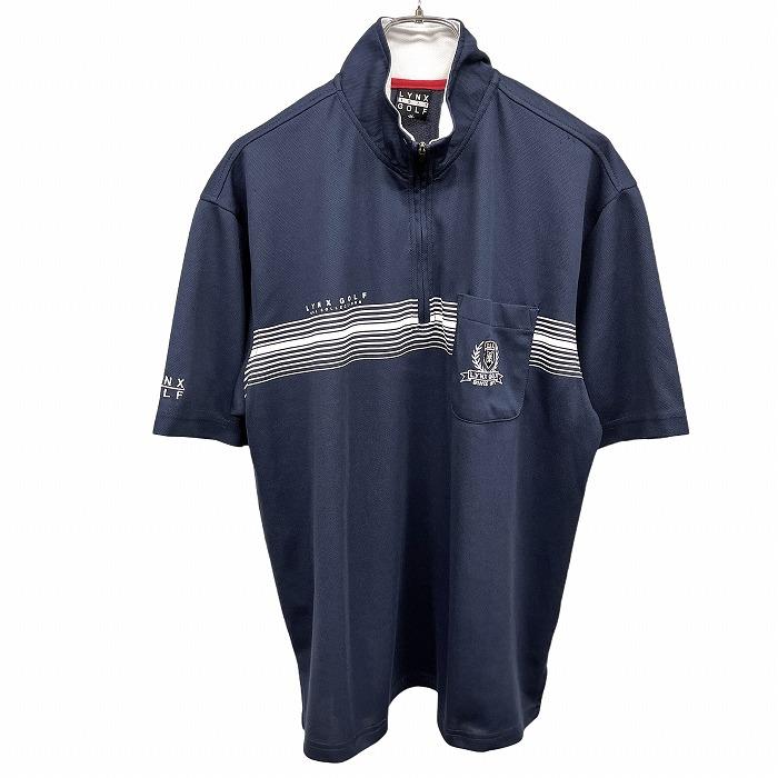 リンクス ゴルフ LYNX GOLF ハイネック ポロシャツ ハーフジップ ボーダー 半袖 ロゴ刺繍 ポケット ポリ100% M ネイビー 紺×白 メンズ | Lynx