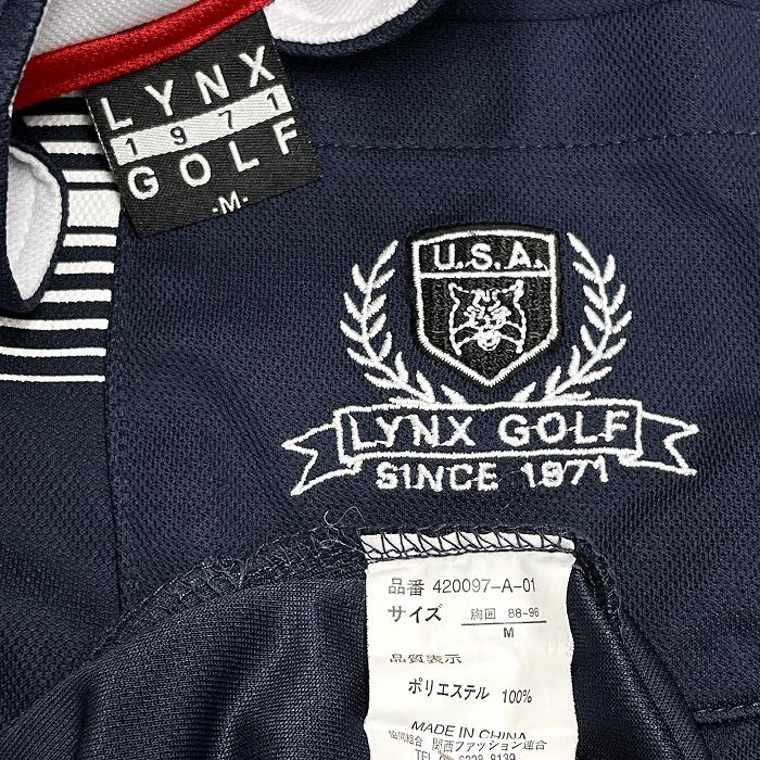 リンクス ゴルフ LYNX GOLF ハイネック ポロシャツ ハーフジップ ボーダー 半袖 ロゴ刺繍 ポケット ポリ100% M ネイビー 紺×白 メンズ | Lynx | 07