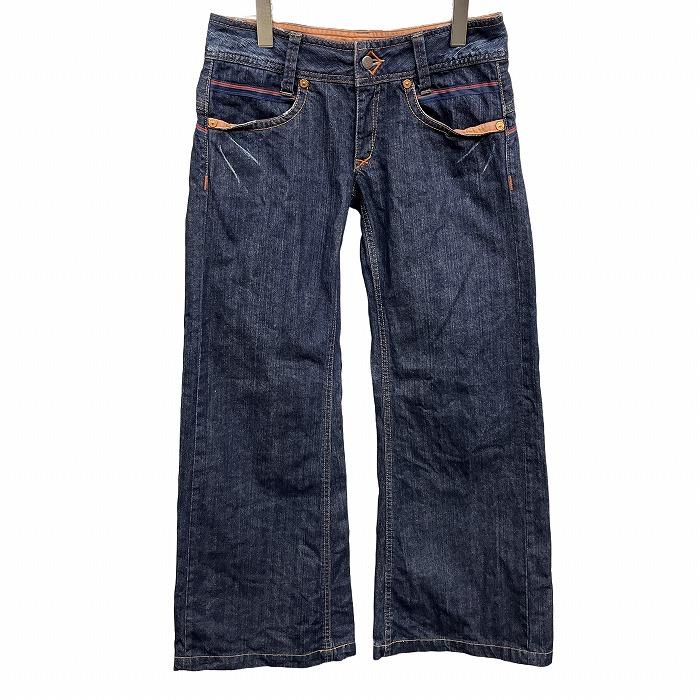 ブルーウェイ デニム フレア パンツ ブーツカット ジーンズ ローライズ USED加工 綿100% L (66) ネイビー 紺×茶×赤 レディース | 