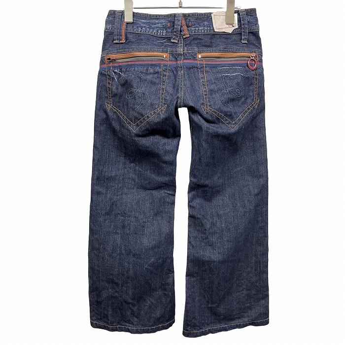 ブルーウェイ デニム フレア パンツ ブーツカット ジーンズ ローライズ USED加工 綿100% L (66) ネイビー 紺×茶×赤 レディース |  | 01
