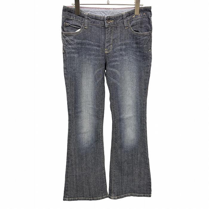 (合)西友 デニム フレアパンツ ジーンズ ジーパン 浅めの股上 古着加工 無地 ジップフライ 綿×ポリウレタン 67 ブルー 青 レディース | 