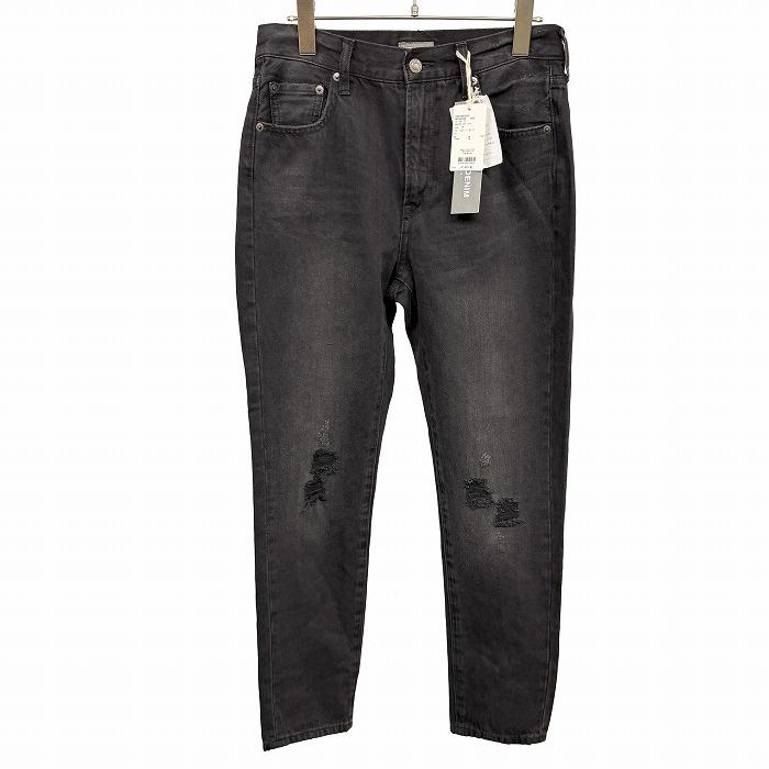 ベイフロー 【新品】 ダメージジーンズ デニム パンツ ひざに穴開き テーパード 無地 綿100%(ラベル：牛革) M (3) 黒 レディース | BAYFLOW