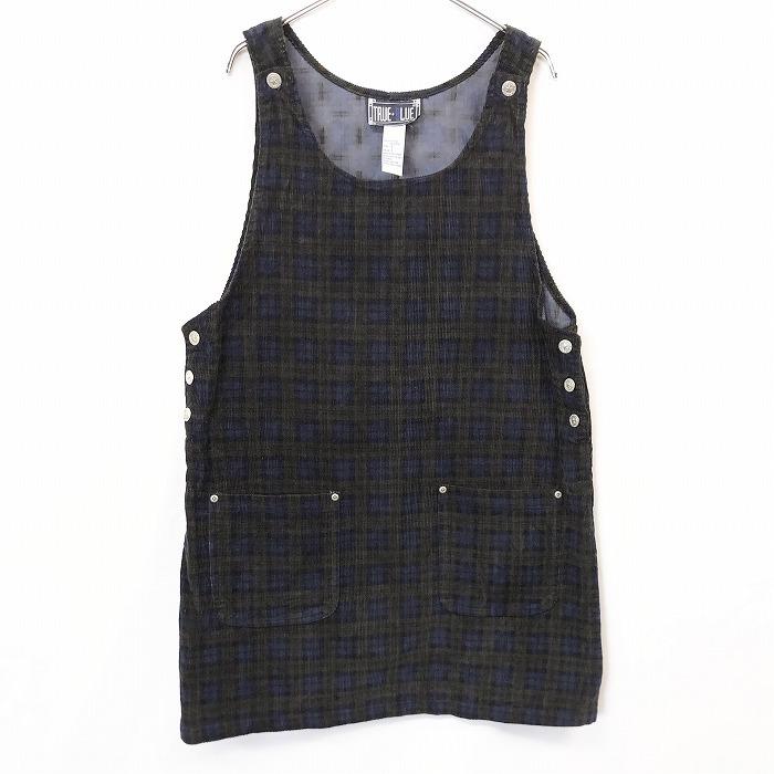 TRUE BLUE コーデュロイ ジャンパースカート ノースリーブ ワンピース チェック ひざ丈 綿100% L ダークブラウン×ネイビー レディース | 