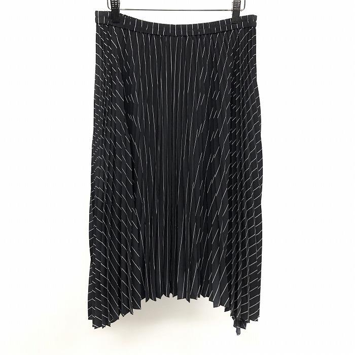 ensuite 薄手 イレヘムプリーツスカート ストライプ ウエストゴム 裏地付き ポリ100% [W70〜74/H97〜101] 黒 レディース