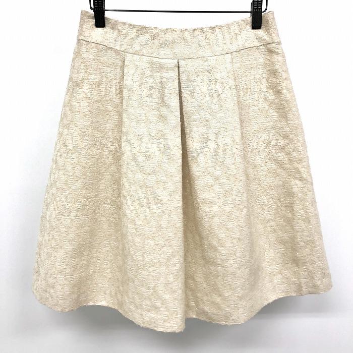 23区 フレアスカ―ト ボックスプリーツ ジャカード ネップ 裏地付き ひざ丈 38 ヘザーベージュ系 (ラメ糸：ゴールド) レディース
