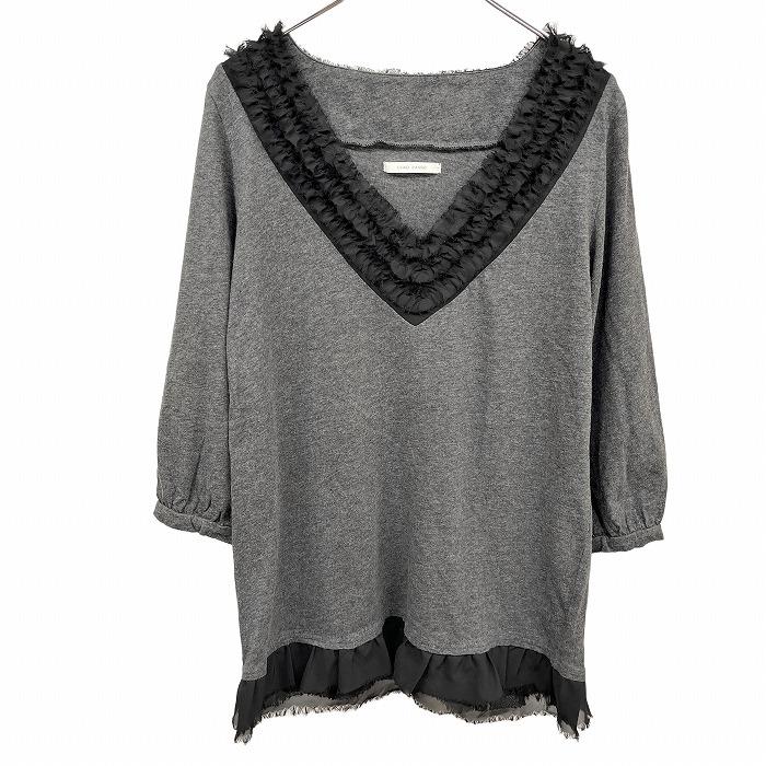 チャオパニック 微起毛 カットソー 裾とネックにシフォンフリル Vネック 無地 7分袖 綿100% F ヘザーグレー 杢グレー×黒 レディース | CIAOPANIC