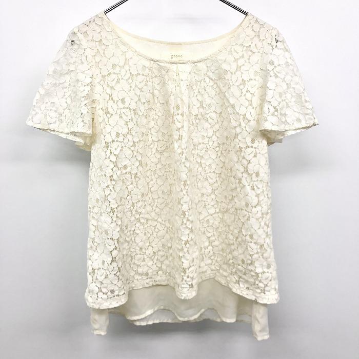 グローブ grove 薄手 花柄レーストップス プルオーバー 裏地付き フレンチスリーブ 半袖 綿×ナイロン M オフホワイト 白系 レディース | grove