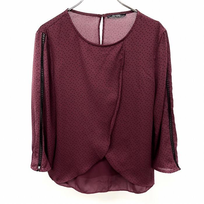 ベルシュカ Bershka 薄手 シフォントップス ヒョウ柄風のドット柄 袖に一部編み上げ風レース 7分袖 M ボルドー 赤系 レディース | Bershka