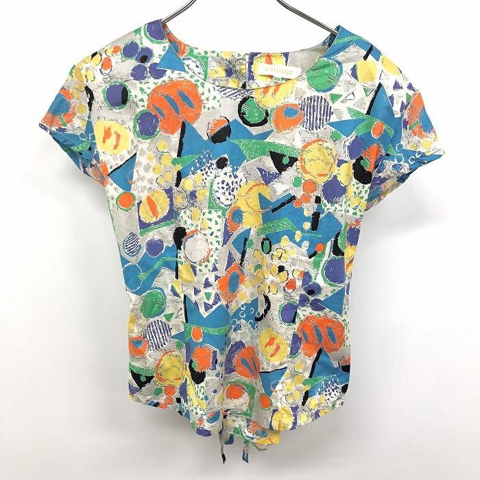 enjour 薄手 プルオーバーブラウス シャツ 背中レースアップ 厚手の後付け肩パッド 総柄 半袖 日本製 綿100% マルチカラー レディース | レナウン