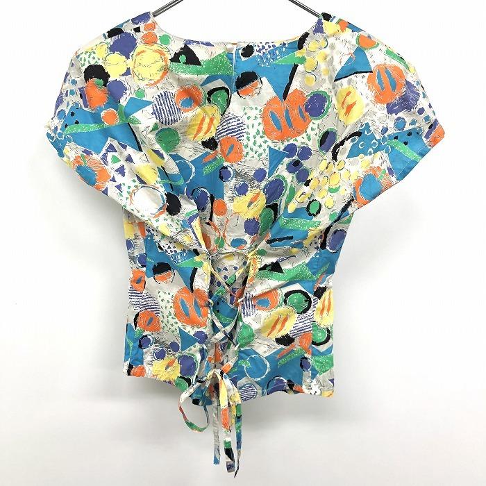 enjour 薄手 プルオーバーブラウス シャツ 背中レースアップ 厚手の後付け肩パッド 総柄 半袖 日本製 綿100% マルチカラー レディース | レナウン | 01