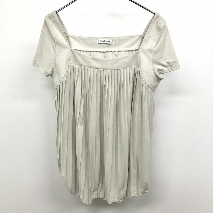 NEW YORKER 若干薄手 プルオーバー スクエアネック プリーツトップス 透け感 長袖 ポリ×レーヨン 13 (72) 杢グレーグリーン レディース | NEWYORKER