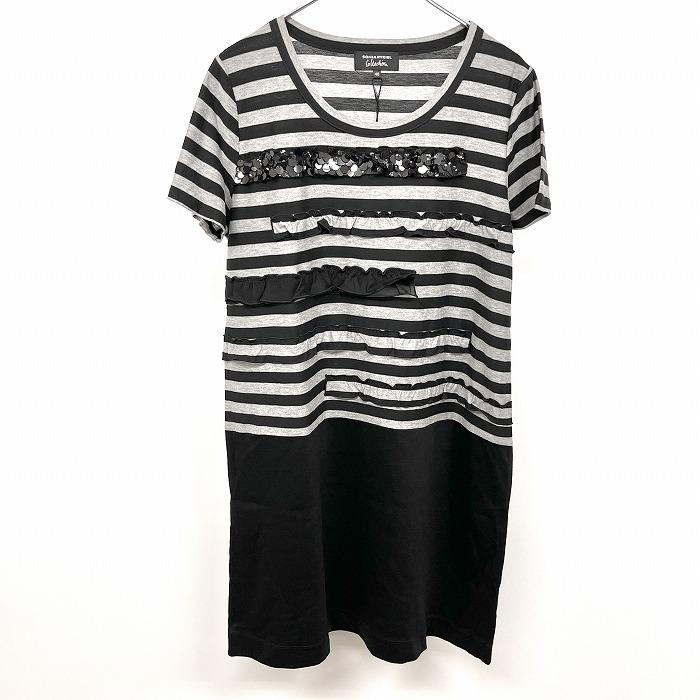 ソニアリキエル SONIA RYKIEL Tシャツチュニック ワンピース 半袖 ボーダー スパングル 40 ヘザーグレー 杢グレー×黒 レディース