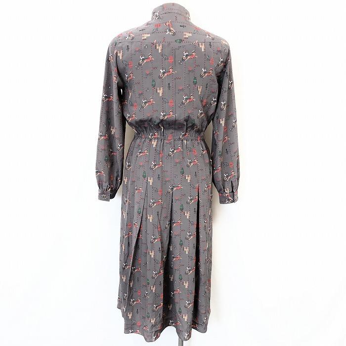 今ならほぼ即納 Ardini グレーブラウン系 ポリ100 キュプラ裏地 日本製 ロング バンドカラー 鳥 弓 馬車 イラスト 古着 ワンピース 薄手 レディース 9 ワンピース Www We Job Com