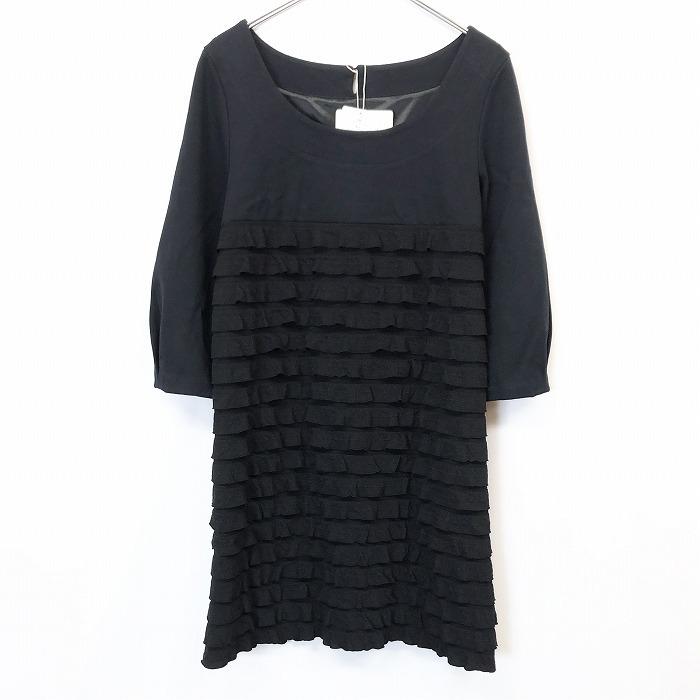 ミニマムミニマム MINIMUM MINIMUM ティアード風フリル ワンピース 裏地付き 7分袖 2 ネイビー×ブラック 紺×黒 レディース