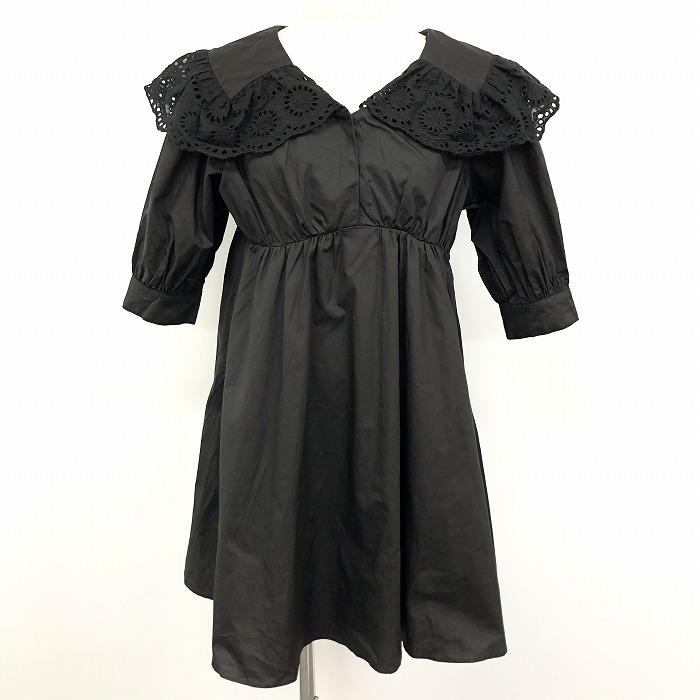 ナイスクラップ NICE CLAUP シャツ生地 ワンピース 裏地無し レースカラー フレアスカート 5分袖 綿100% F ブラック 黒 レディース