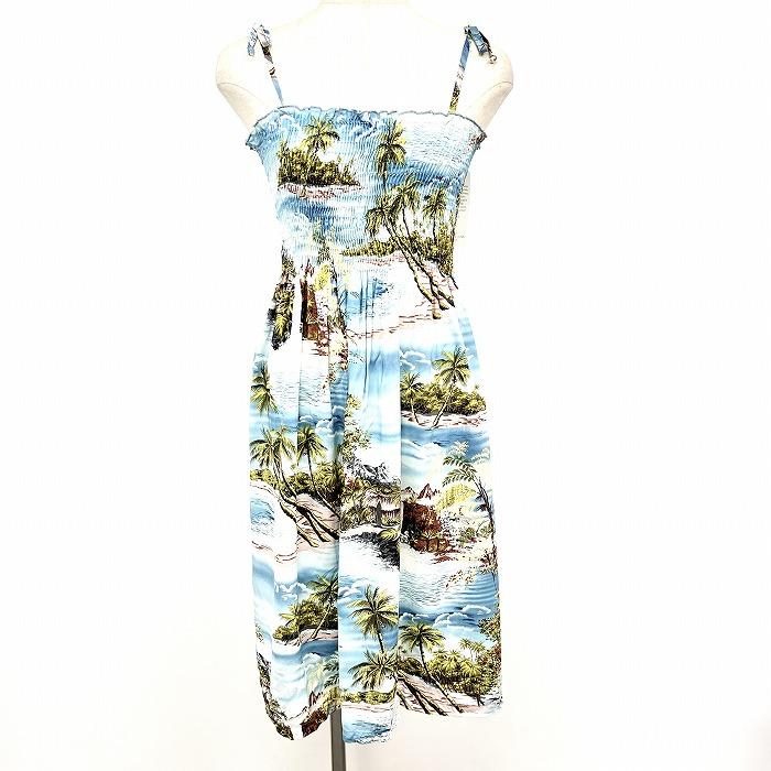 【新品】Puanani by RJC ノースリーブ チューブトップ 肩紐 ワンピース シャーリング アロハ USA ハワイ製 レーヨン100% M 青 レディース | 