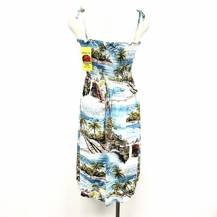 【新品】Puanani by RJC ノースリーブ チューブトップ 肩紐 ワンピース シャーリング アロハ USA ハワイ製 レーヨン100% M 青 レディース |  | 01
