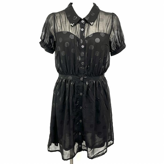 ヘザー HEATHER シフォンシャツワンピース 半袖 ドット 水玉 裏地付き ウエストゴム パフスリーブ ポリ100% Free 黒 レディース