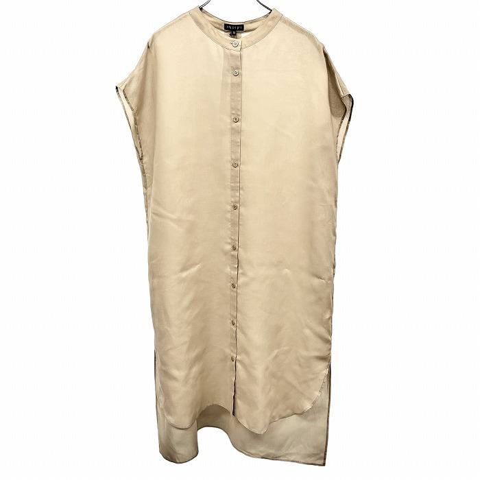 INDIVI シアーシャツワンピース ロング キモノスリーブ 薄手 無地 バンドカラー ポリ100% 38 ベージュ レディース