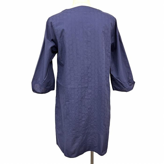 ゴールデンベア 【新品】Golden Bear シャツワンピース シャツチュニック サークル柄 7分袖 ネックにスリット 綿100% L 紺 レディース | Golden Bear | 01