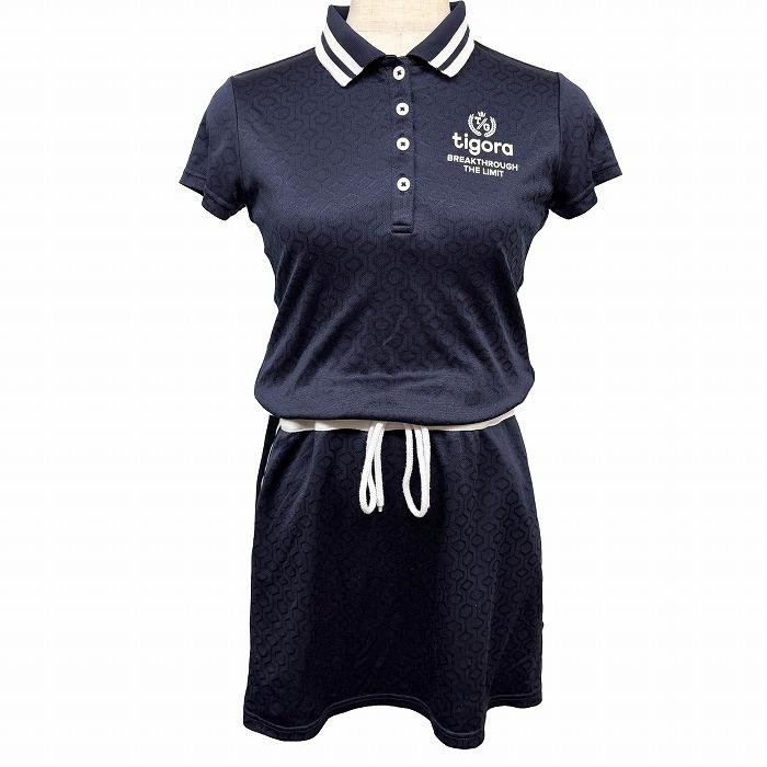 ティゴラ TIGORA ゴルフ ポロワンピース ウエスト紐 裏地無し 半袖 英字ロゴプリント Dリング ポリ100% M ネイビー 紺×白 レディース | TIGORA