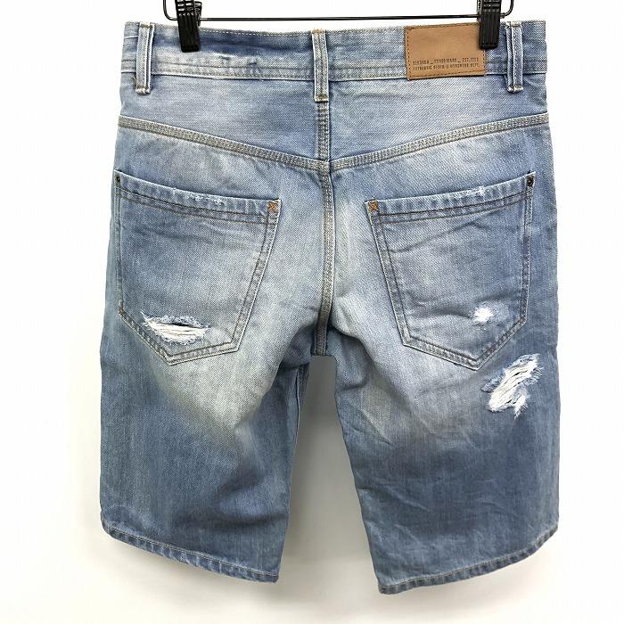 Bershka テーパードデニムショーツ ショートパンツ ダメージジーンズ USED加工 クラッシュ加工 ボタンフライ 綿100% 29 青 レディース | Bershka | 01