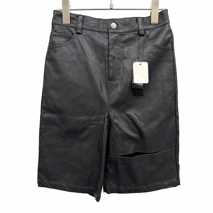 ジーナシス 【新品】 ヴィーガンレザー ハーフパンツ ショートパンツ 左ひざにスリット ウエストゴム 裏地付き 合成皮革 F 黒 レディース | JEANASIS