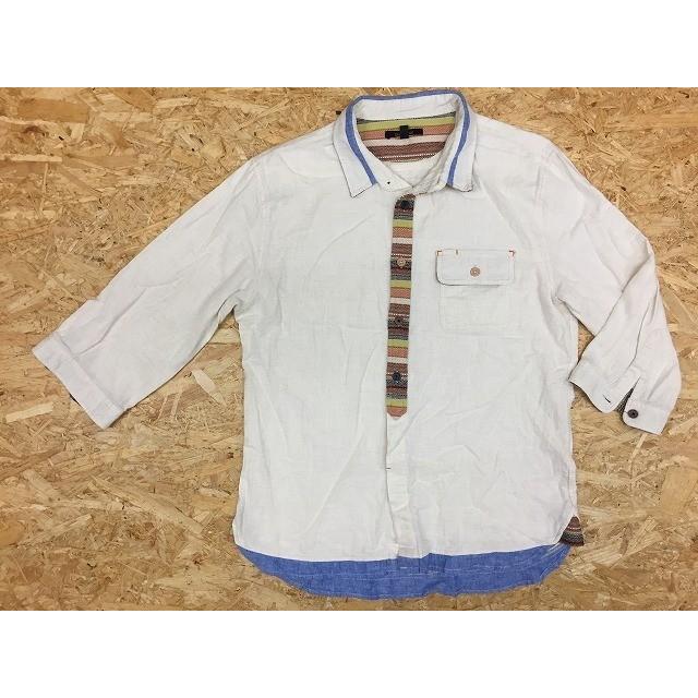 Ciaopanic チャオパニック Lサイズ メンズ シャツ 前立てにボーダー柄 半端袖 フラップポケット 綿 麻 オフホワイト 茶系 黄緑 紺 Sl Undo Rowa ヤフー店 通販 Yahoo ショッピング