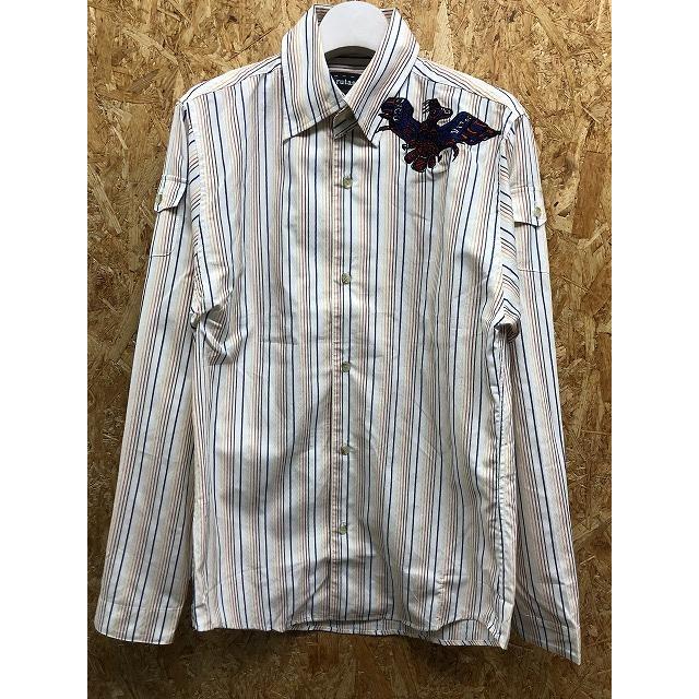 mil frutas designs バーンストーマー Mサイズ メンズ シャツ 胸に鳥の刺繍 マルチストライプ 長袖 綿100% オフホワイト×青×茶系など | アダプト