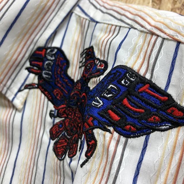 mil frutas designs バーンストーマー Mサイズ メンズ シャツ 胸に鳥の刺繍 マルチストライプ 長袖 綿100% オフホワイト×青×茶系など | アダプト | 02