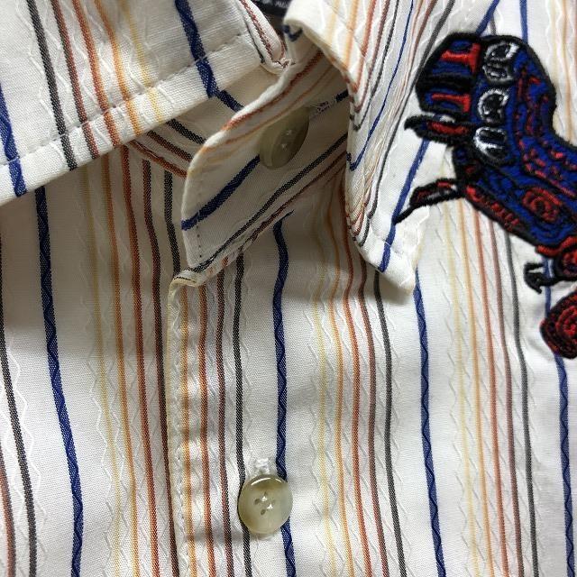 mil frutas designs バーンストーマー Mサイズ メンズ シャツ 胸に鳥の刺繍 マルチストライプ 長袖 綿100% オフホワイト×青×茶系など | アダプト | 03