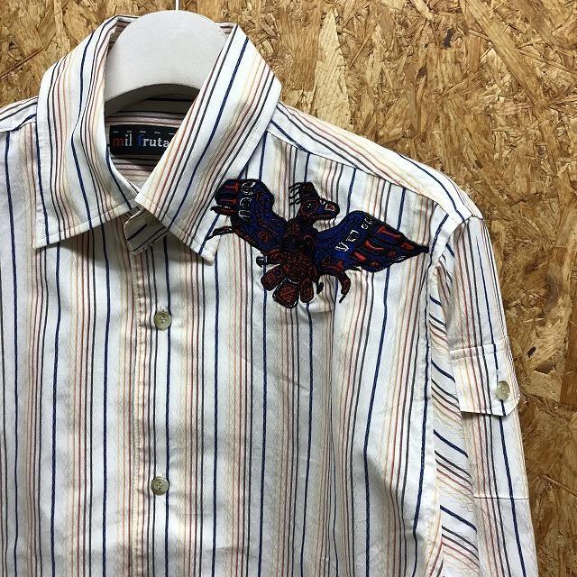 mil frutas designs バーンストーマー Mサイズ メンズ シャツ 胸に鳥の刺繍 マルチストライプ 長袖 綿100% オフホワイト×青×茶系など | アダプト | 04