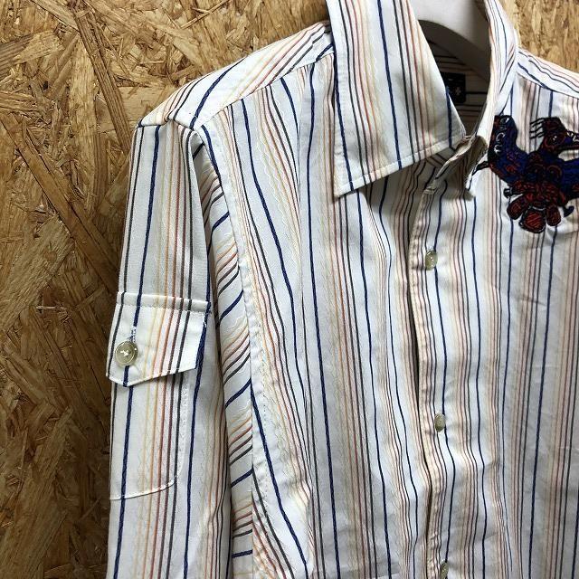 mil frutas designs バーンストーマー Mサイズ メンズ シャツ 胸に鳥の刺繍 マルチストライプ 長袖 綿100% オフホワイト×青×茶系など | アダプト | 05