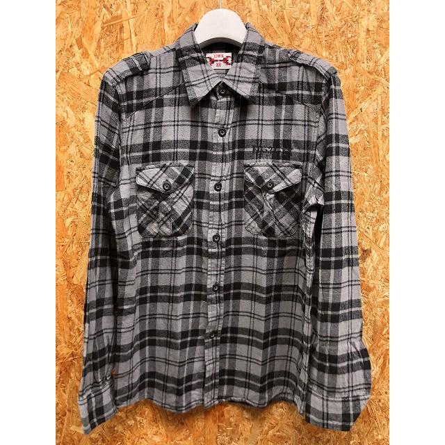 エドウィン EDWIN XV シャツ ソフトネル 起毛 バックプリント チェック 胸刺繍 両胸ポケット エポレット 長袖 綿100% LY グレー×黒 メンズ | EDWIN