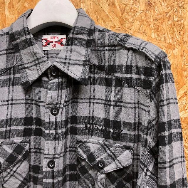 エドウィン EDWIN XV シャツ ソフトネル 起毛 バックプリント チェック 胸刺繍 両胸ポケット エポレット 長袖 綿100% LY グレー×黒 メンズ | EDWIN | 02