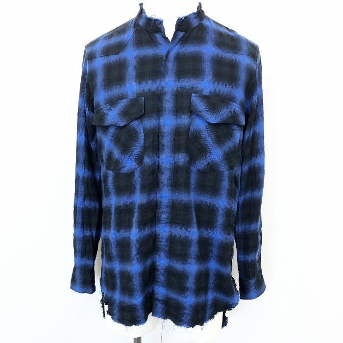 エディション EDITION カットオフシャツ ウエスタン バッファローチェック オープンバンドカラー ドットボタン 長袖 XS ブルー 青 メンズ | Edition